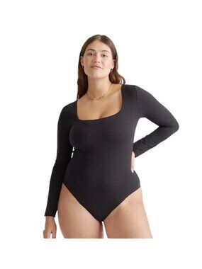 Quince Second Skin Square Neck Long Sleeve Black Bodysuit Size M